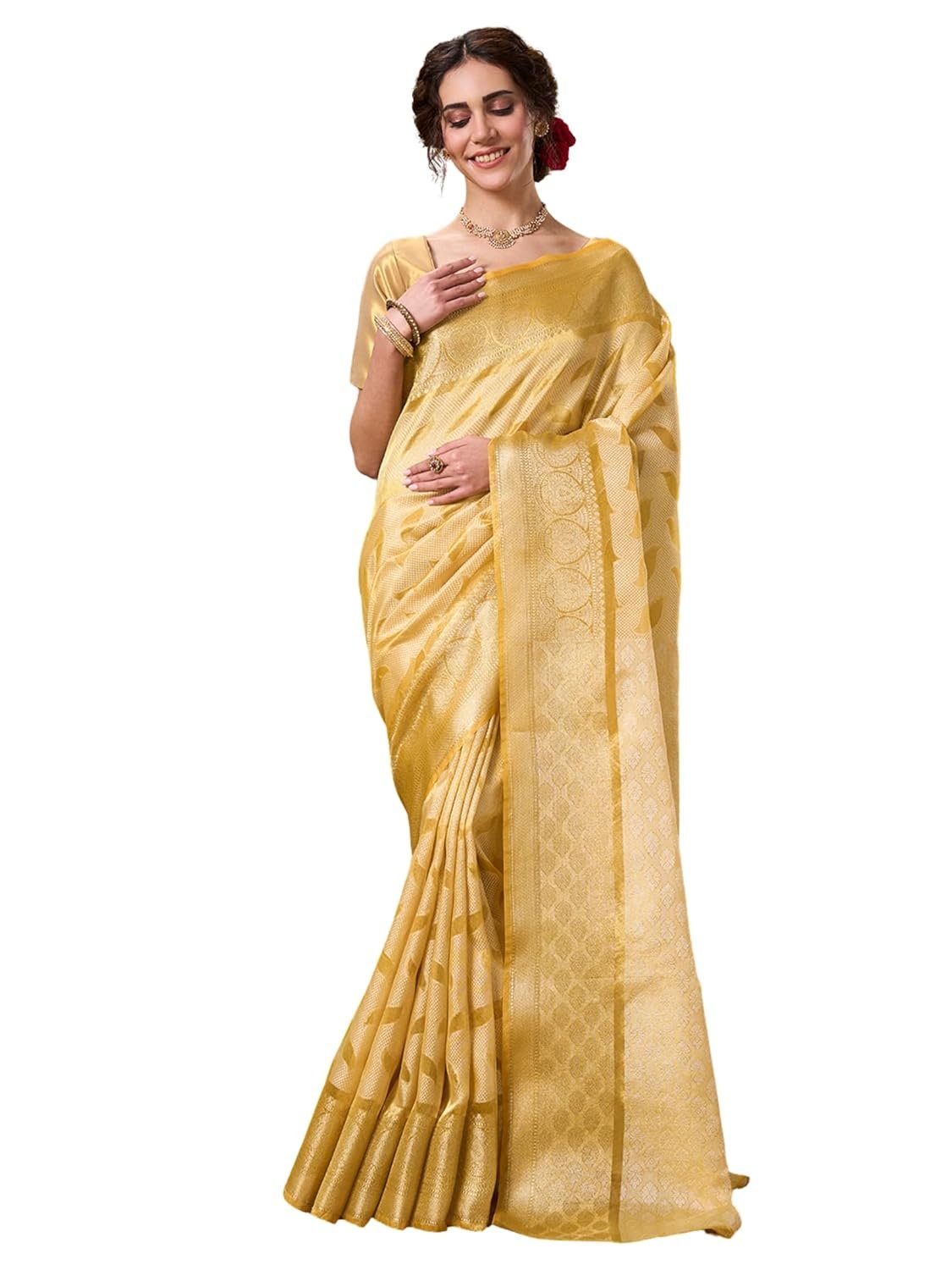 PAROKSH Women's Handloom Banarasi Saree with Unstitched Blouse Piece Kora Tissue Woven Red dot Golden Saree with Zari Pallu - Image 13