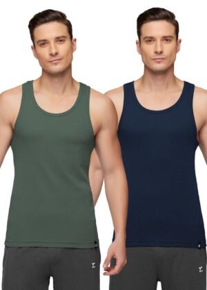 XYXX Men's 100% Combed Cotton Ribbed Regular Fit Solid Round Neck Vest | Anti Bacterial Finish, Racer Back Baniyan for Man, Tag Free Comfort Man's Inner (Pack of 2)