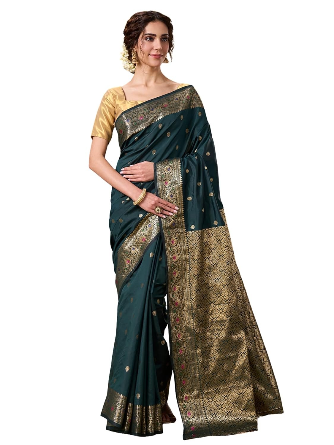 PAROKSH Women's Handloom Banarasi Saree with Unstitched Blouse Piece Kora Tissue Woven Red dot Golden Saree with Zari Pallu - Image 12
