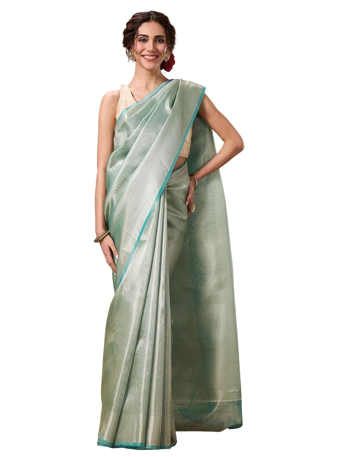 PAROKSH Women's Handloom Banarasi Saree with Unstitched Blouse Piece Kora Tissue Woven Red dot Golden Saree with Zari Pallu - Image 4