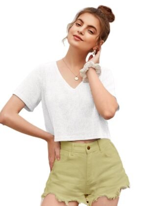 Womens Fashion Crop Tops Summer Winter Baisc V Neck Casual Short Sleeve Crop Tops for Women | Women Fashion