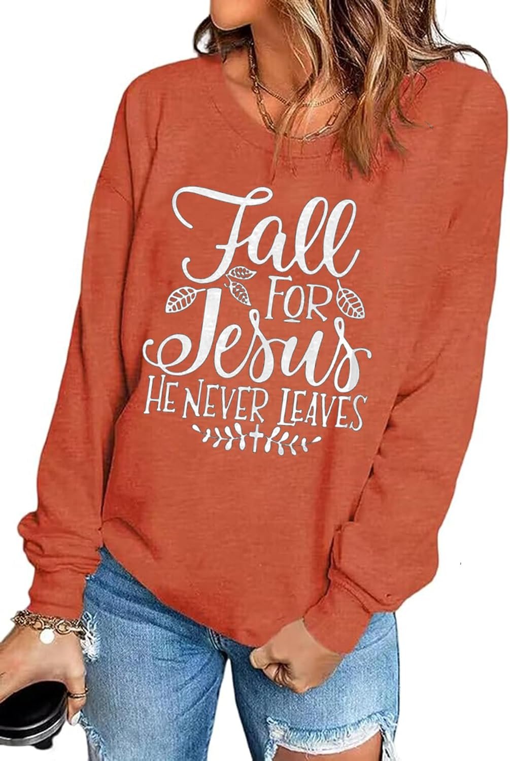 Fall for Jesus He Never Leaves Sweatshirt Women Christian Shirt Thanksgiving Graphic Pullover Tops Long Sleeve Tshirt - Image 3