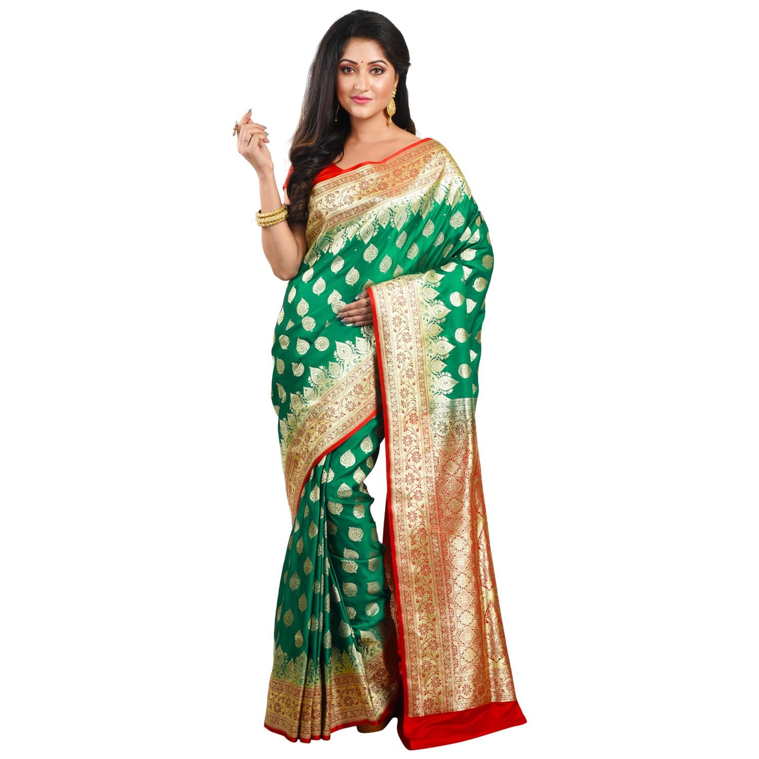 Women Katan Silk Banarasi Saree with All Over Golden Zari Border and Woven Design With Blouse Piece - Image 6