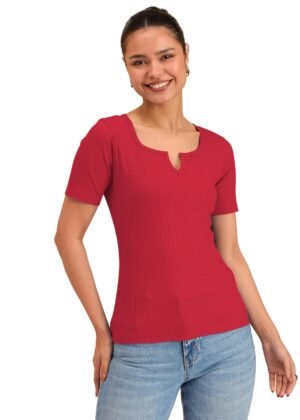 barcino Beige Ribbed V-Neck Short Sleeves Top