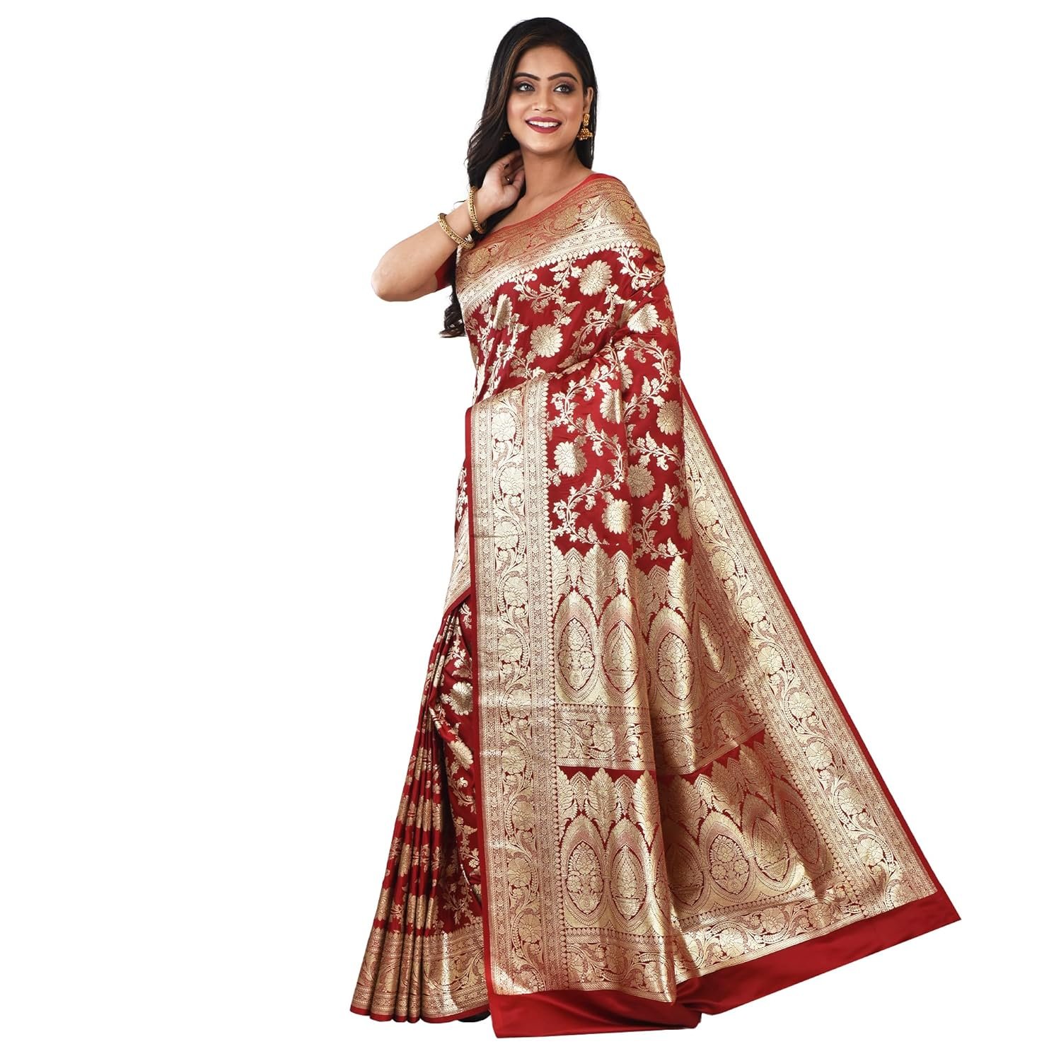 Women Katan Silk Banarasi Saree with All Over Golden Zari Border and Woven Design With Blouse Piece - Image 8