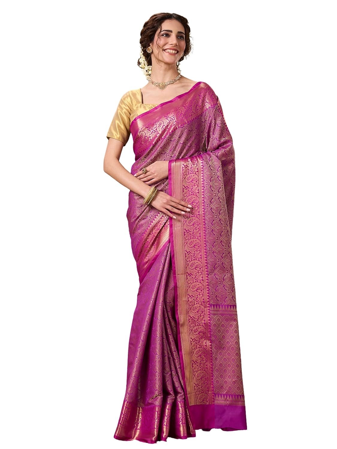 PAROKSH Women's Handloom Banarasi Saree with Unstitched Blouse Piece Kora Tissue Woven Red dot Golden Saree with Zari Pallu - Image 9
