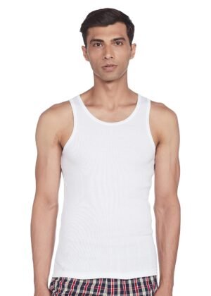 Van Heusen Men's White Cotton Vest – Pack of 1 |100% Combed Cotton for extra softness | Moisture‑Wicking, Stay‑Fresh Tech, Label‑Free Comfort | Breathable | Ribbed Fabric |Doesn't lose shape |Regular Fit Sleeveless Innerwear Style | 10073