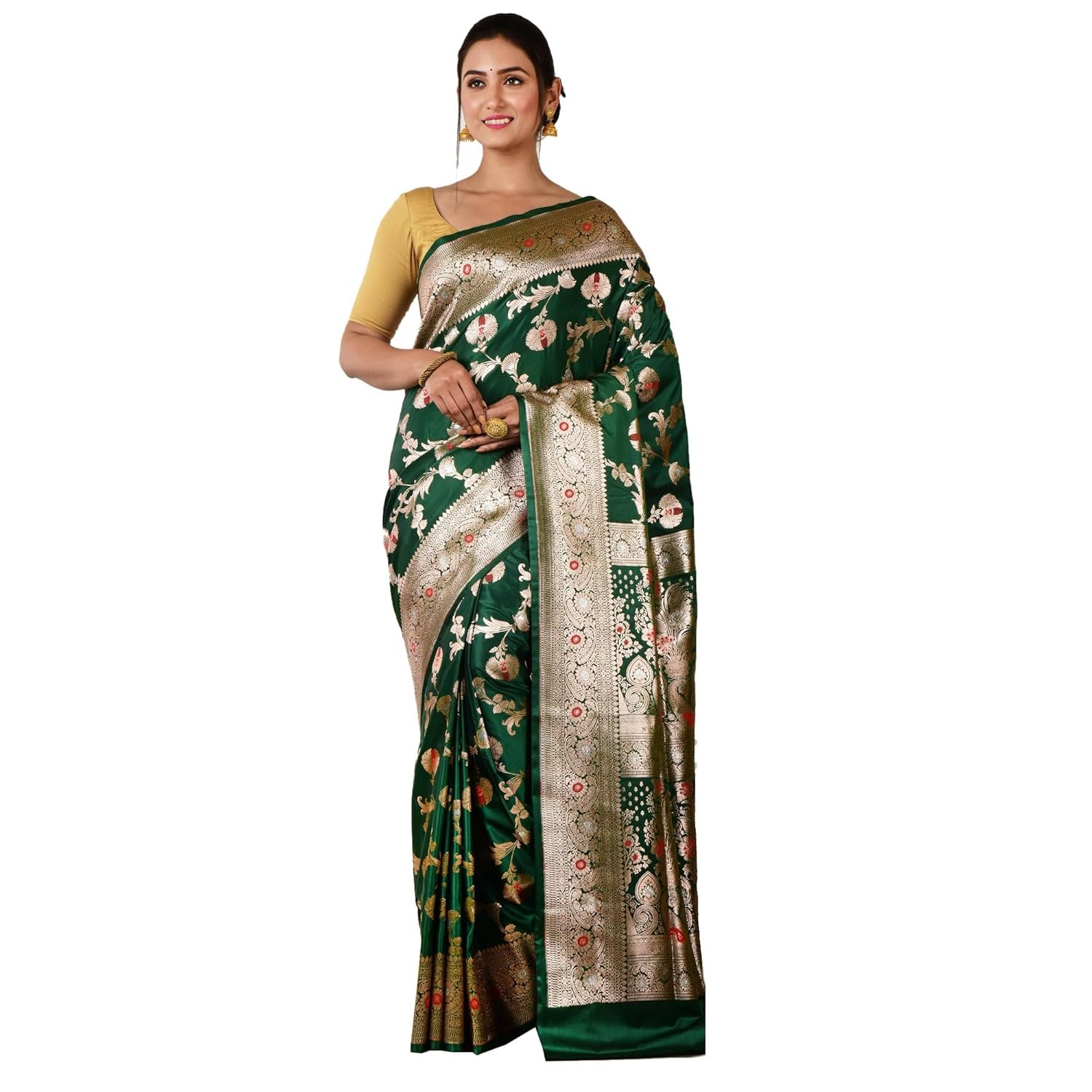Women Katan Silk Banarasi Saree with All Over Golden Zari Border and Woven Design With Blouse Piece - Image 10