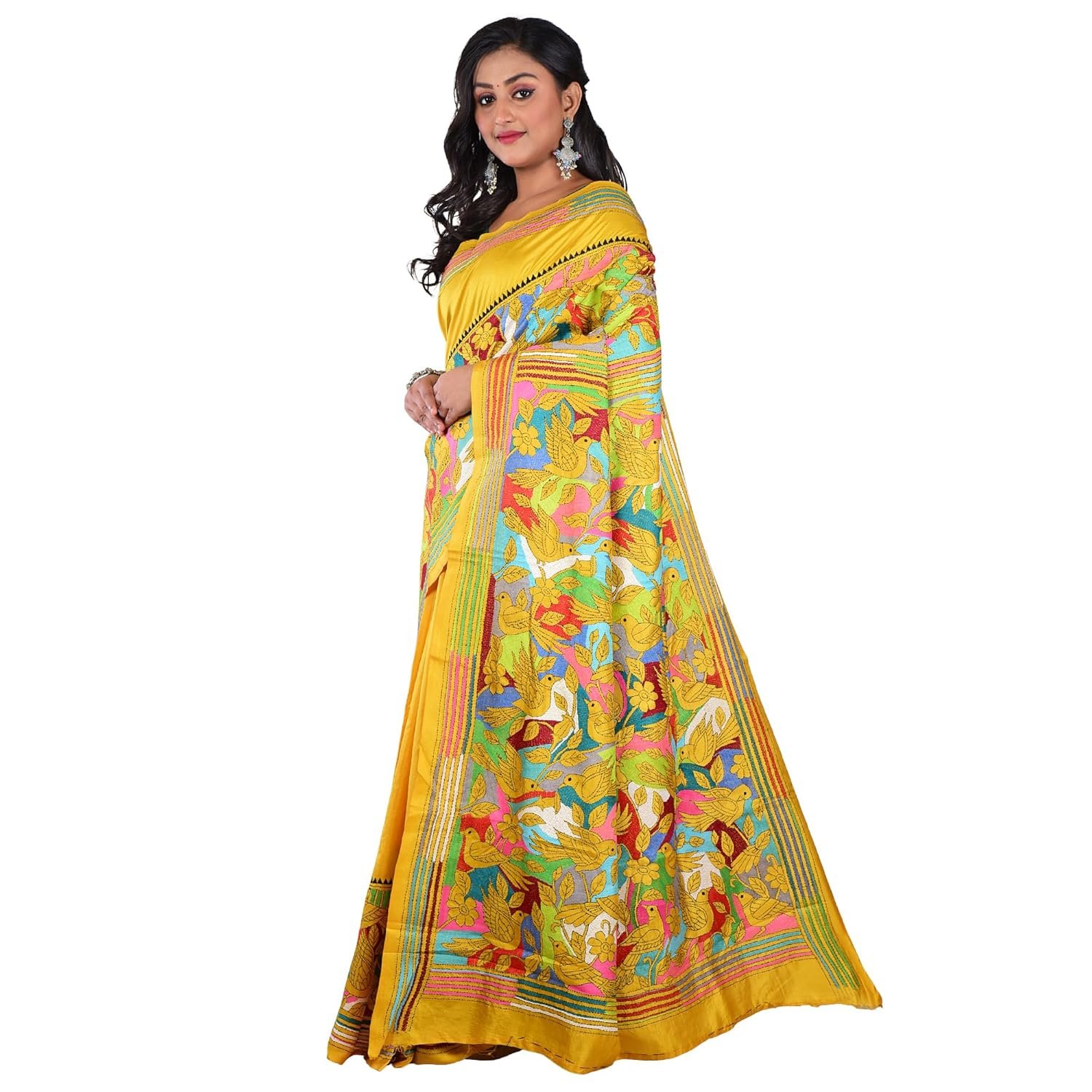 Pure Bangalore Silk Hand Embroidery Kantha Stitch Saree with Blouse Piece | Silk Mark Certified Traditional Multicolor Thread Work Saree - Image 4