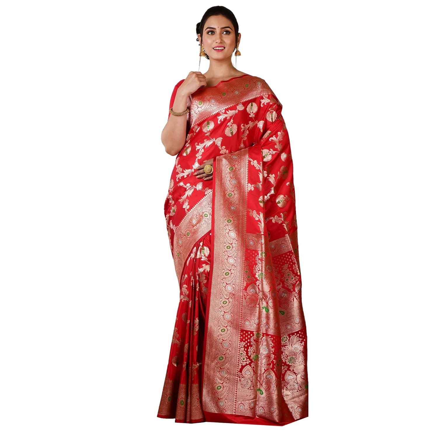 Women Katan Silk Banarasi Saree with All Over Golden Zari Border and Woven Design With Blouse Piece - Image 2
