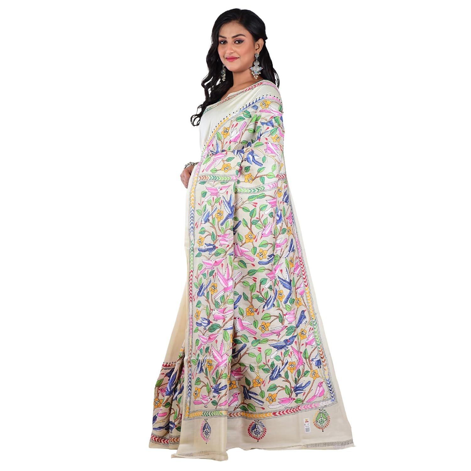 Pure Bangalore Silk Hand Embroidery Kantha Stitch Saree with Blouse Piece | Silk Mark Certified Traditional Multicolor Thread Work Saree - Image 3