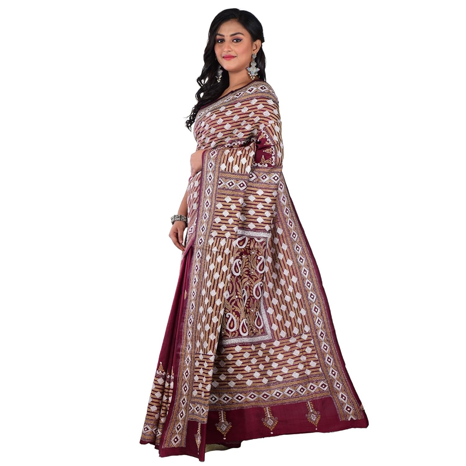 Pure Bangalore Silk Hand Embroidery Kantha Stitch Saree with Blouse Piece | Silk Mark Certified Traditional Multicolor Thread Work Saree