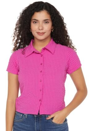 Tokyo Talkies Women's Short Sleeves Shirt Collar Self Design Tops| Stylish Casual wear