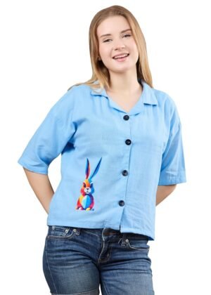 Women Modern Printed Casual Shirt – Stylish Short Sleeve Button-Down Top with Trendy Cartoon Print, Comfortable Breathable Casual Fashion Looks