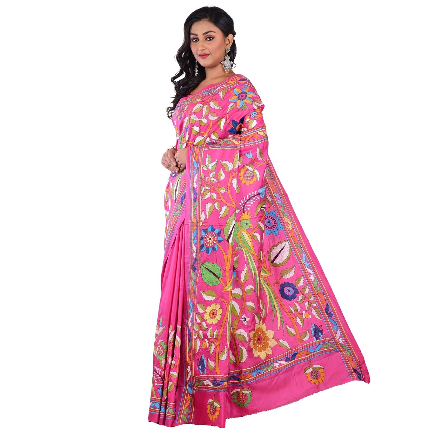 Pure Bangalore Silk Hand Embroidery Kantha Stitch Saree with Blouse Piece | Silk Mark Certified Traditional Multicolor Thread Work Saree - Image 2