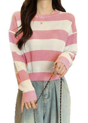 ICW Women's Knitted Hollow Out Color Block Long Sleeve Stripe Pullover Top T-Shirt Dn65 (One Size Fit XS-S-M-L)