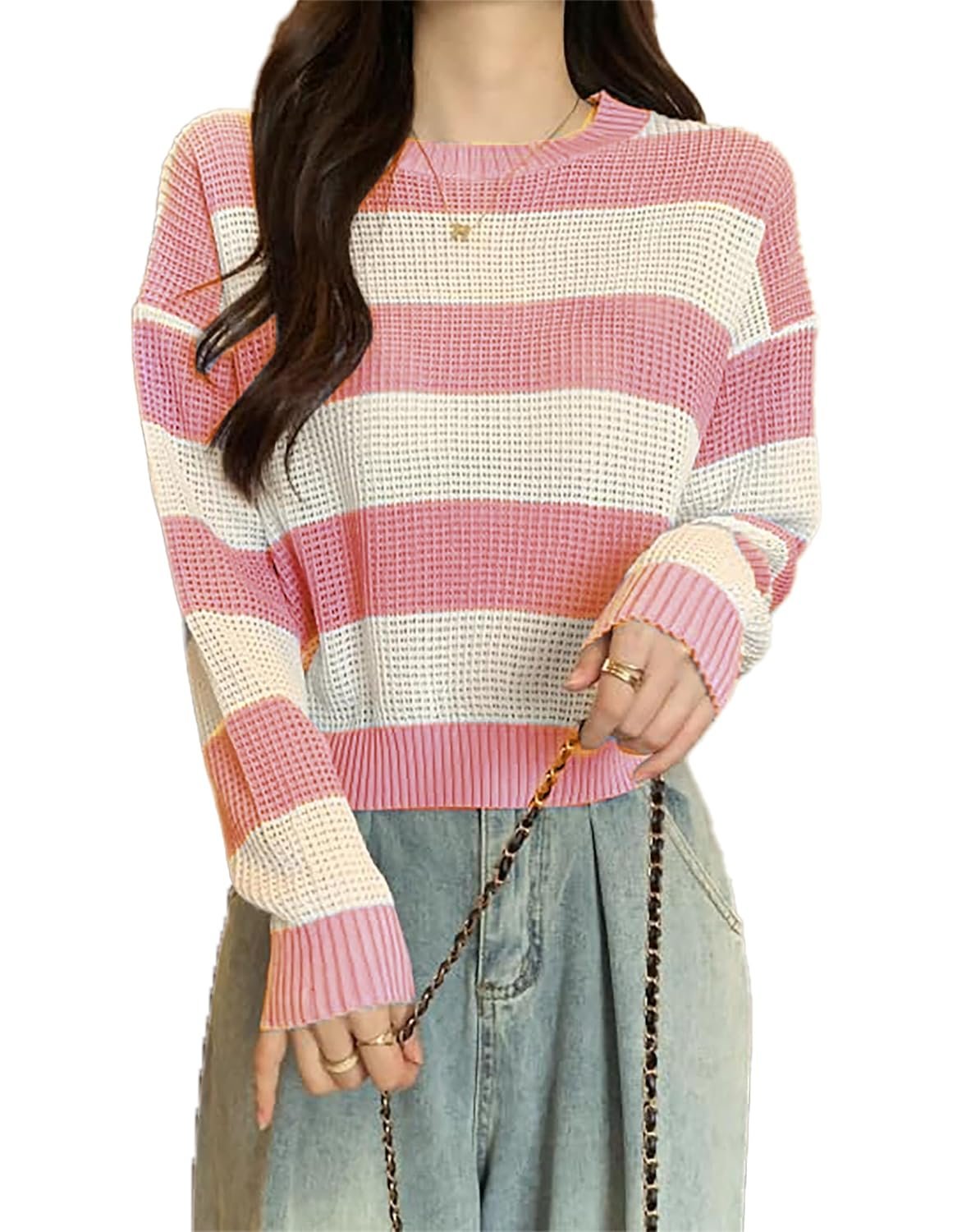 ICW Women's Knitted Hollow Out Color Block Long Sleeve Stripe Pullover Top T-Shirt Dn65 (One Size Fit XS-S-M-L)