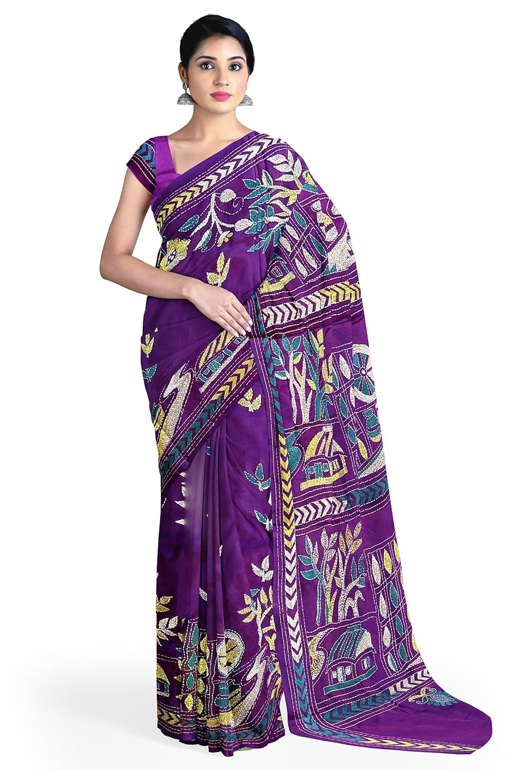 Kantha Stitch Silk Saree with Blouse Piece - Image 2