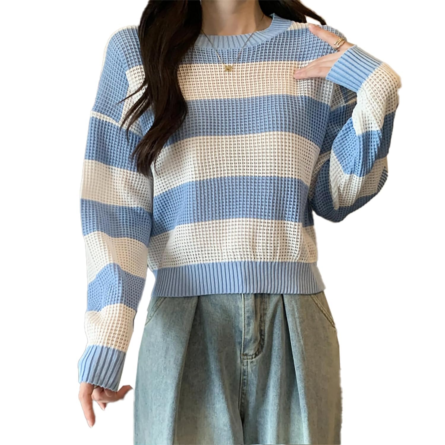 ICW Women's Knitted Hollow Out Color Block Long Sleeve Stripe Pullover Top T-Shirt Dn65 (One Size Fit XS-S-M-L) - Image 2