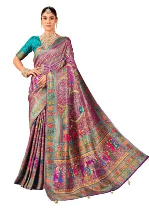 Glory Sarees Women's Luxurious Dola Pure Silk Original Saree Position Print Work Madhubani Inspired Motifs Banarasi Kanjivaram Style Saree With Blouse Piece (Elegant101_Parent)