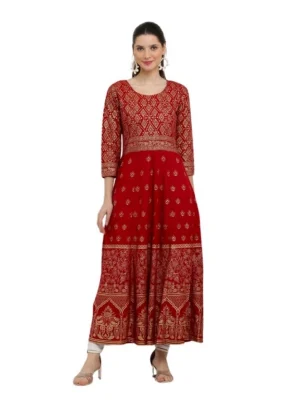 Generic Women's Casual Rayon 3-4th Sleeves Anarkali Kurti (Red)