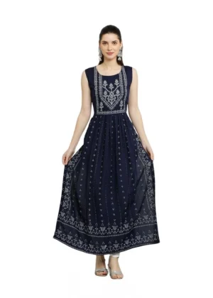Generic Women's Casual Rayon Sleeveless Kurti (Blue)