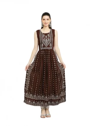 Generic Women's Casual Rayon Sleeveless Kurti (Brown)