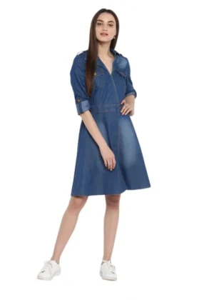 Generic Women's Denim Solid Roll Up Sleeve Dress (Blue)