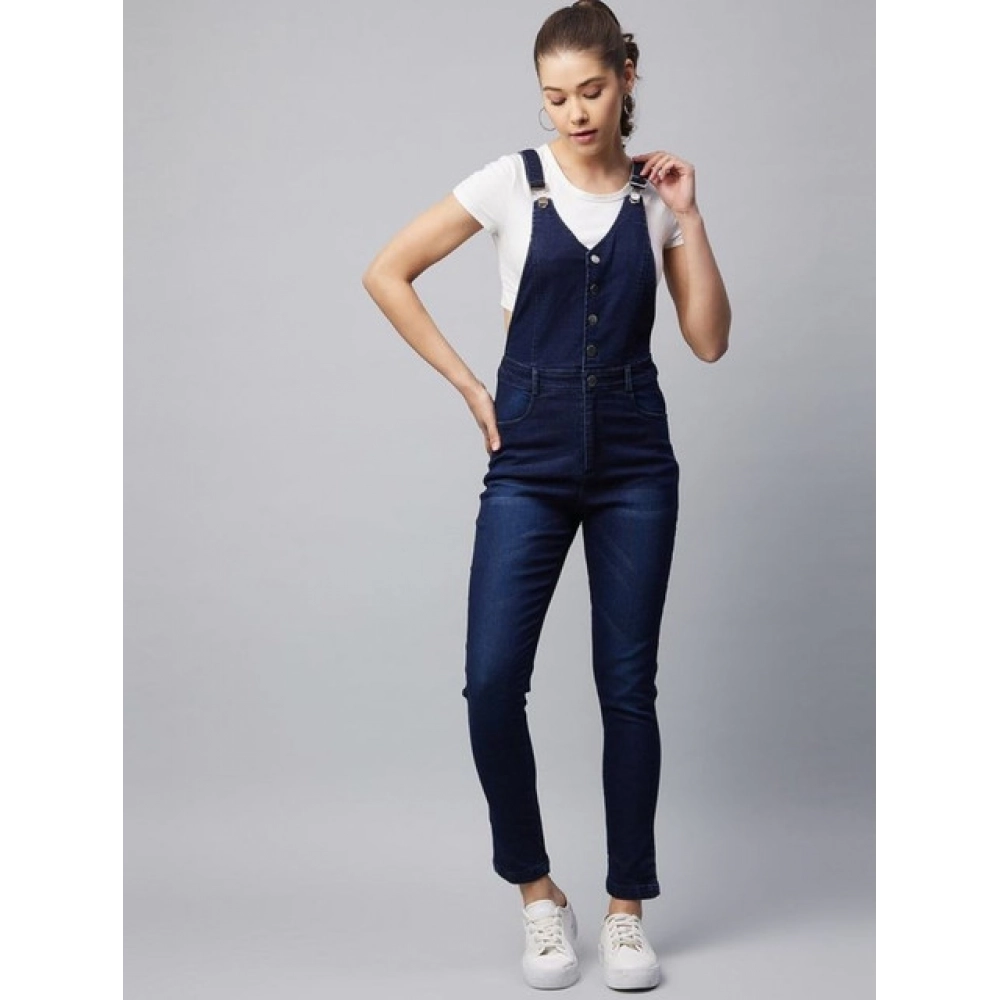 Generic Women's Denim Lycra Solid Buttoned Dungaree (Navy) - Image 2