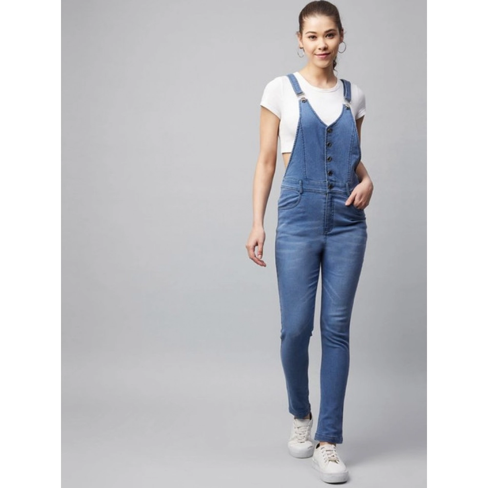 Generic Women's Denim Lycra Solid Buttoned Dungaree (Ice Blue) - Image 2