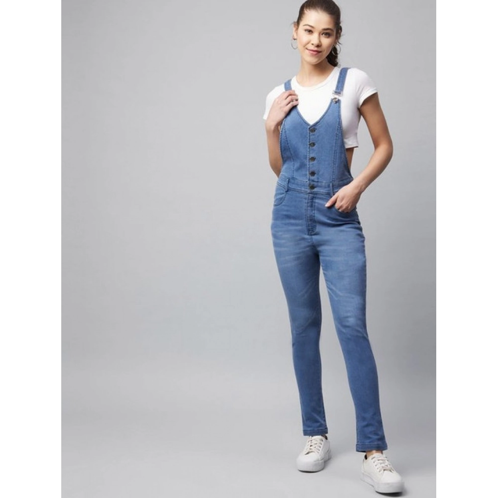 Generic Women's Denim Lycra Solid Buttoned Dungaree (Ice Blue) - Image 3