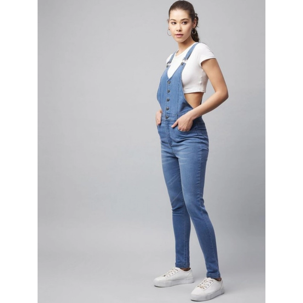 Generic Women's Denim Lycra Solid Buttoned Dungaree (Ice Blue) - Image 4