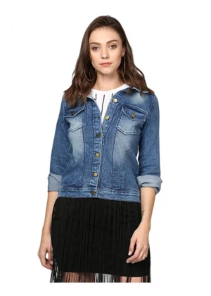 Generic Women's Denim Washed Long Sleeves Jacket (Blue)
