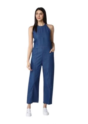 Generic Women's Denim Solid Sleeveless Jumpsuit (Blue)
