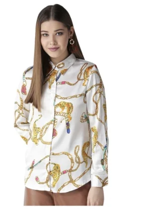 Generic Women's Satin Printed Long Sleeves Shirt (White-Gold)