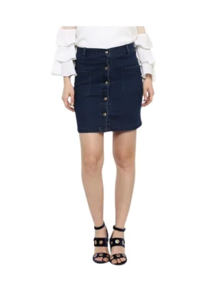 Generic Women's Denim Front Button Buttoned Skirt (Blue)
