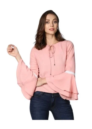 Generic Women's Polyester Solid Bell Sleeve Top (Pink)