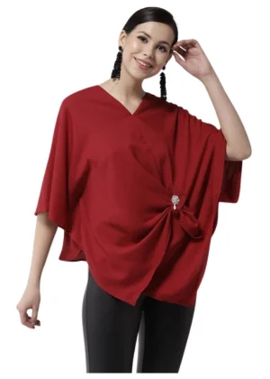 Generic Women's Polyester Solid Cape Sleeve Top (Red)