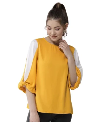 Generic Women's Polyester Colour Block Slit Sleeve Top (Yellow-White)