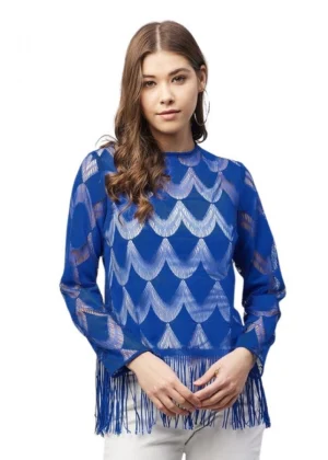 Generic Women's Lace Self Design Long Sleeves Top (Blue)