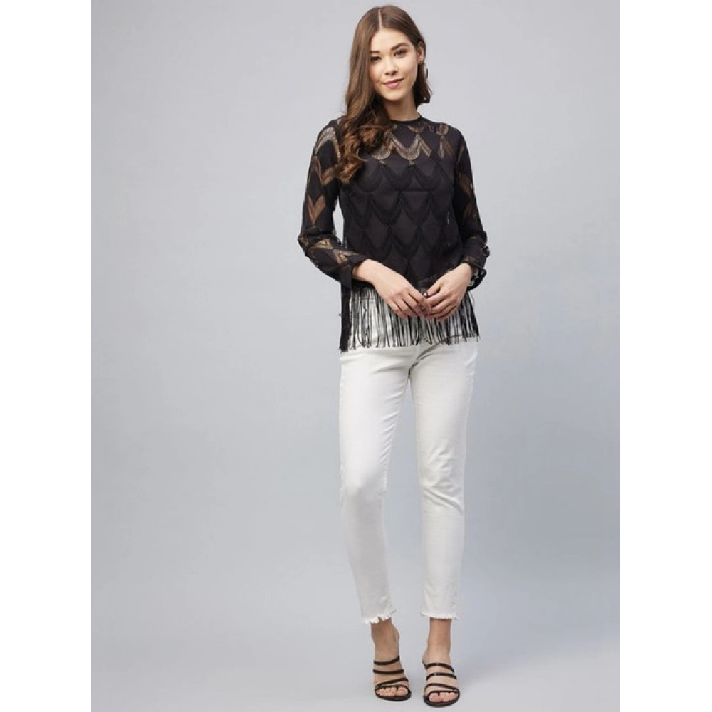 Generic Women's Lace Self Design Short Sleeve Top (Black) - Image 2