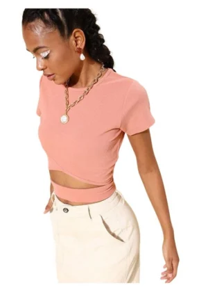 Generic Women's Polyester Lycra Solid Short Sleeve Top (Pink)
