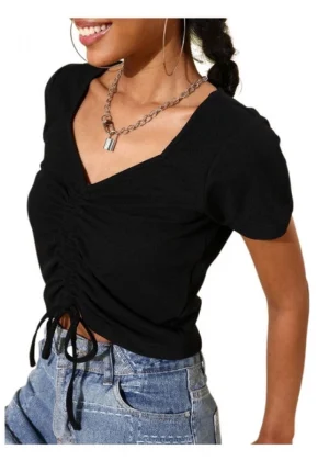 Generic Women's Polyester Lycra Solid Short Sleeve Top (Black)