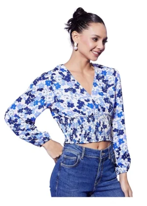 Generic Women's Polyester Floral Long Sleeves Top (Blue)