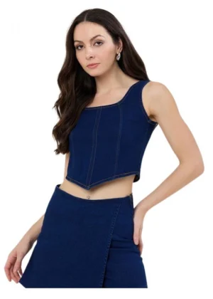 Generic Women's Denim Lycra Solid Sleeveless Top (Blue)