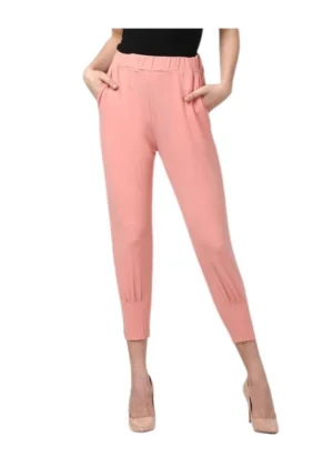 Generic Women's Polyester Solid Elasticated Trousers (Pink)