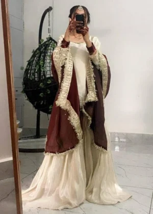 Generic Women's Silk Embroidered 3/4th Sleeve V-Neck Kurti With Sharara Pant and Dupatta Set (Cream & Brown)