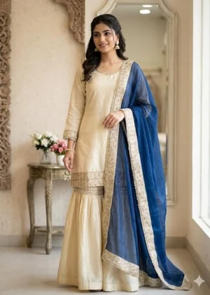 Generic Women's Silk Embroidered 3/4th Sleeve V-Neck Kurti With Sharara Pant and Dupatta Set (Cream & Blue)