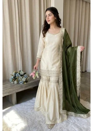 Generic Women's Silk Embroidered 3/4th Sleeve V-Neck Kurti With Sharara Pant and Dupatta Set (Cream & Green)