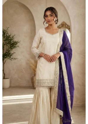 Generic Women's Silk Embroidered 3/4th Sleeve V-Neck Kurti With Sharara Pant and Dupatta Set (Cream & Purple)